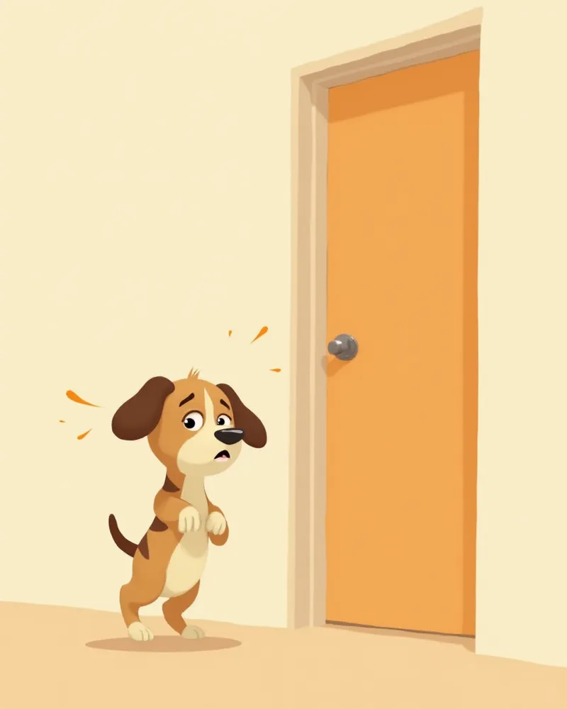 현관 앞을 서성이는 불안한 강아지 일러스트