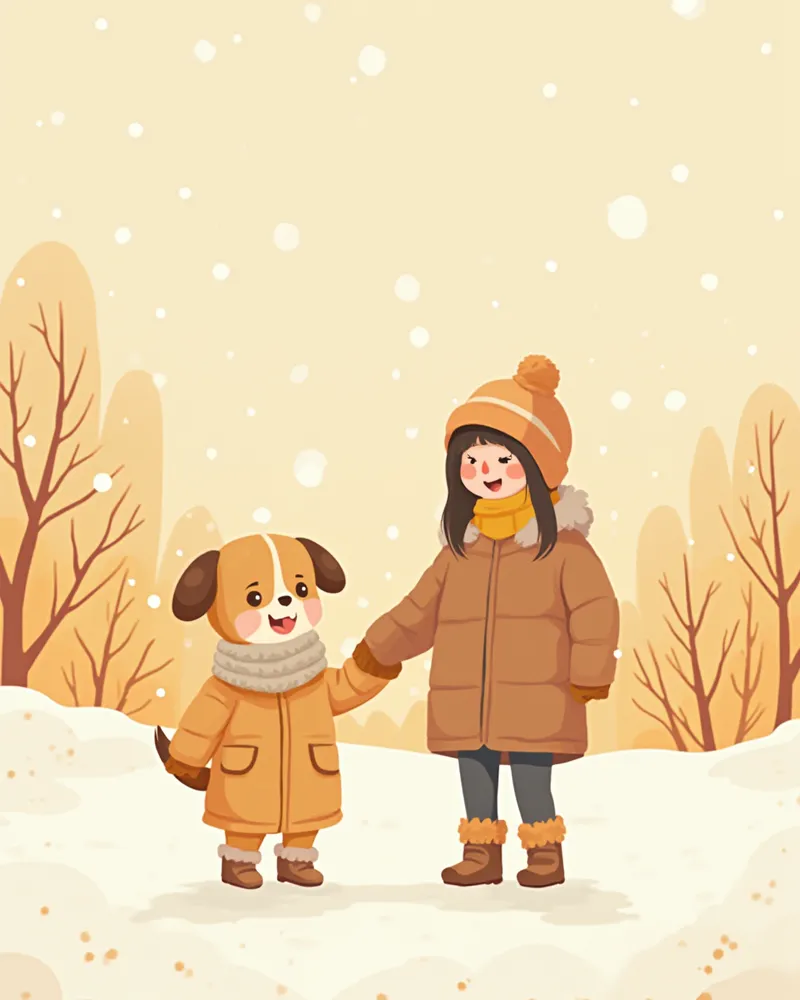 겨울 옷과 부츠를 신고 산책하는 강아지