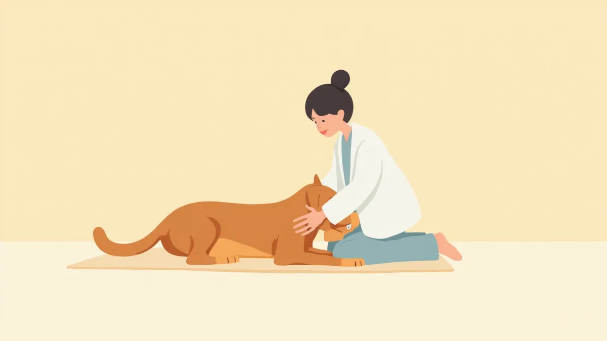 강아지 옆에 앉아 흉부 압박을 준비하는 보호자