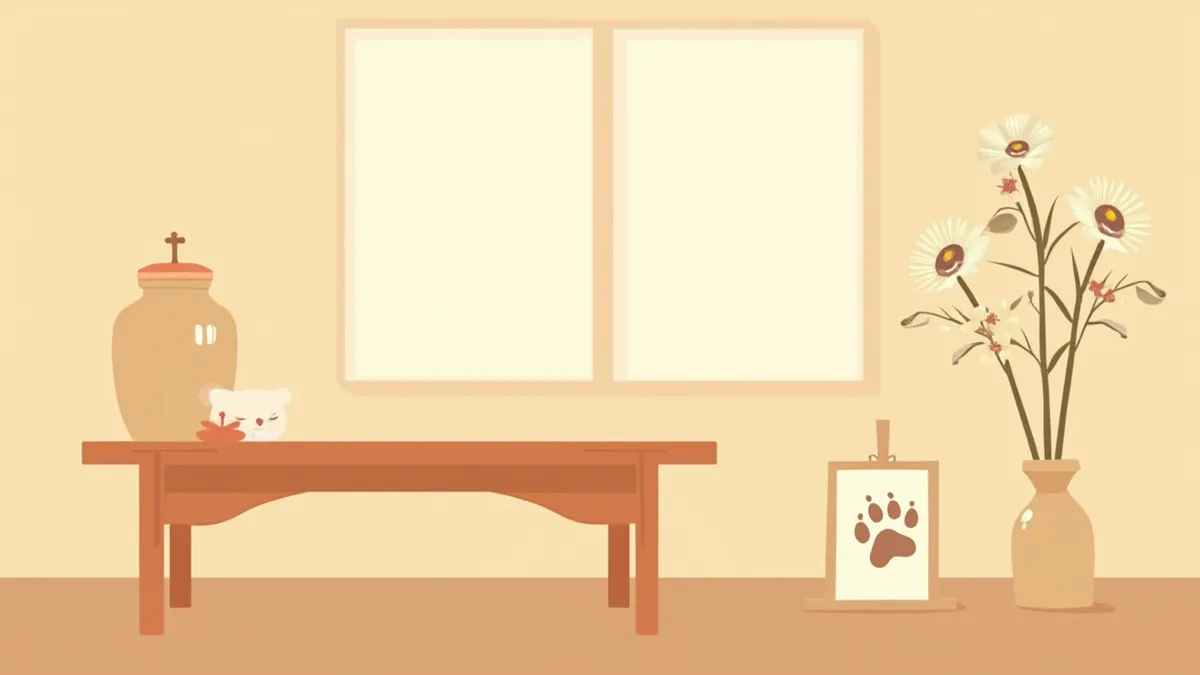 유골함과 국화가 놓인 반려동물 추모 공간