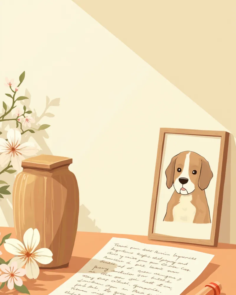 추모 편지와 유골함이 놓인 따뜻한 분위기