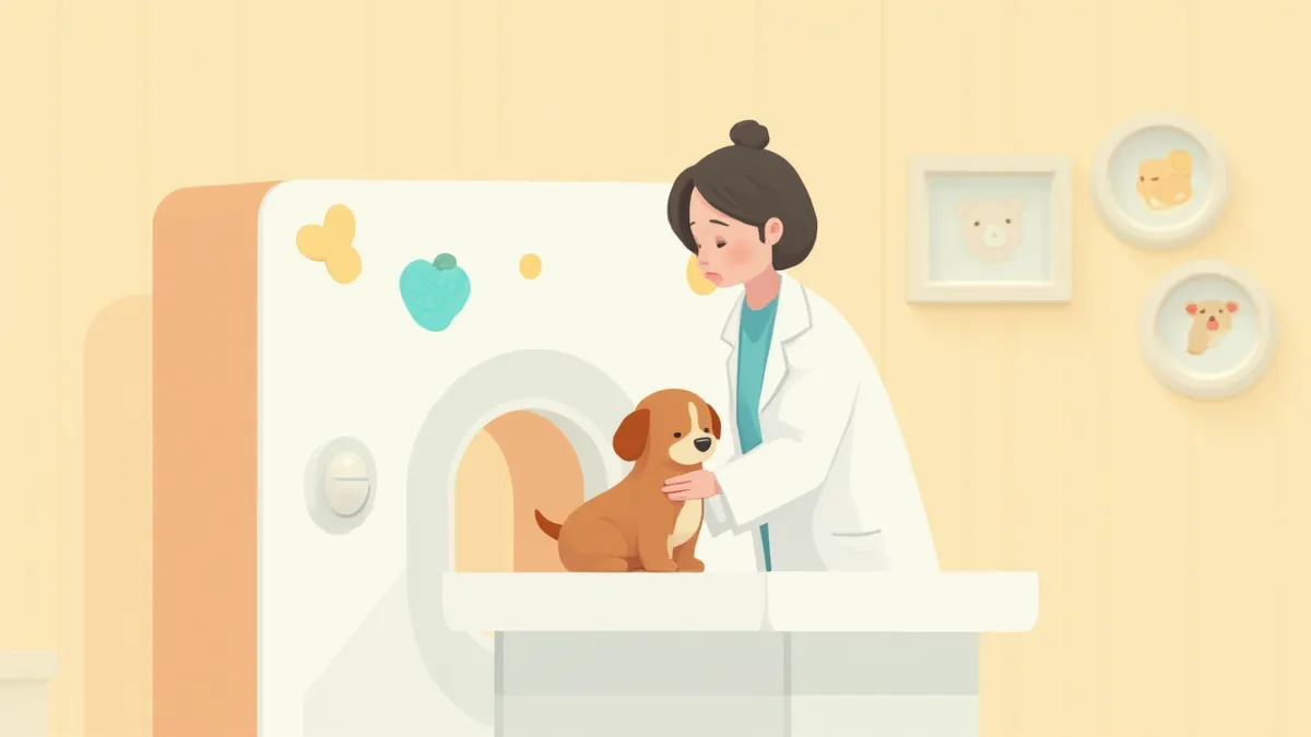 동물병원 CT 스캐너 앞에서 수의사와 함께 있는 강아지