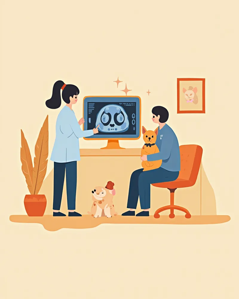 수의사가 보호자에게 CT 결과를 설명하는 장면