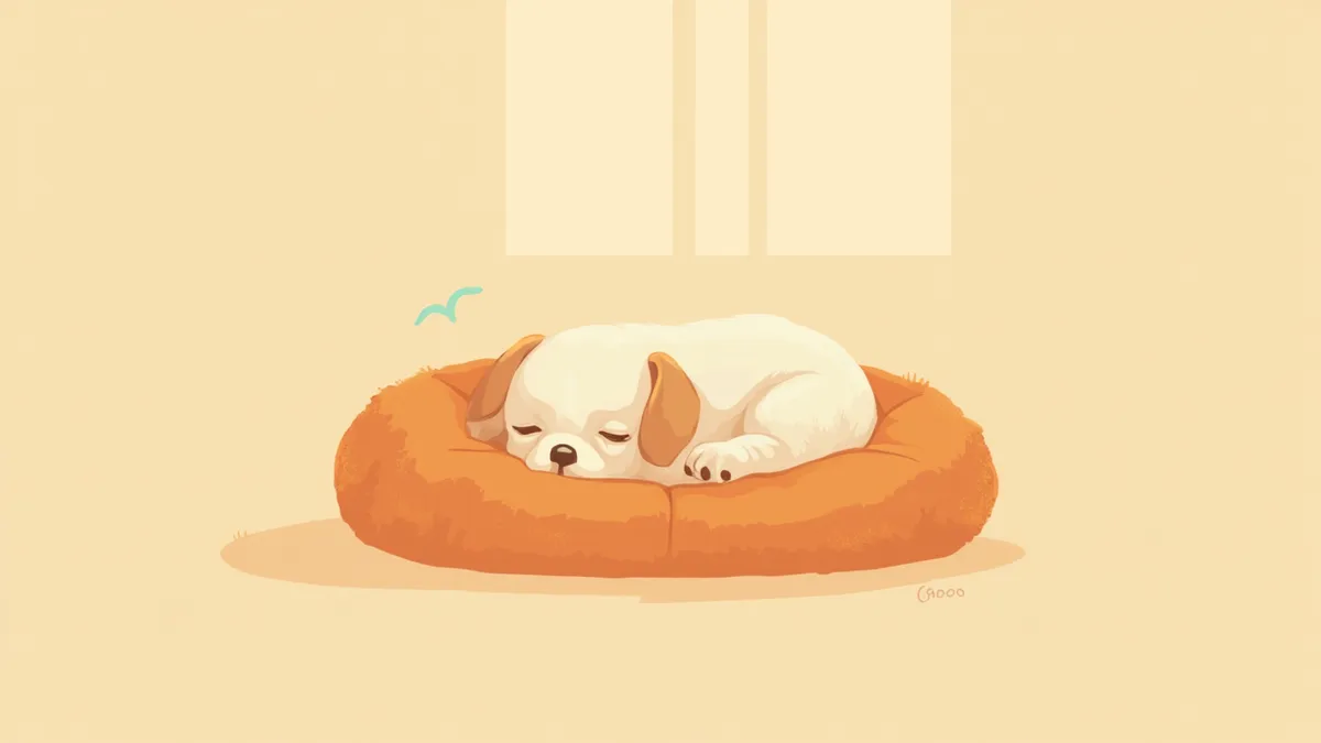 강아지 침대에 웅크려 누워있는 무기력한 강아지