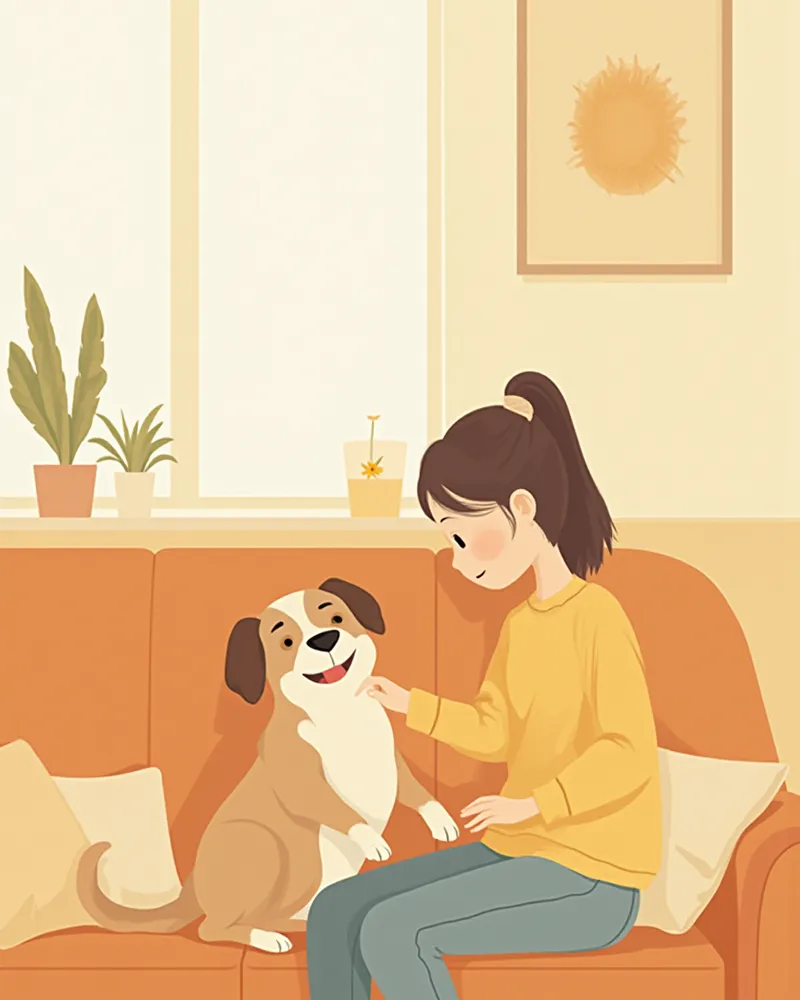 소파에서 노령견을 부드럽게 쓰다듬는 보호자의 모습