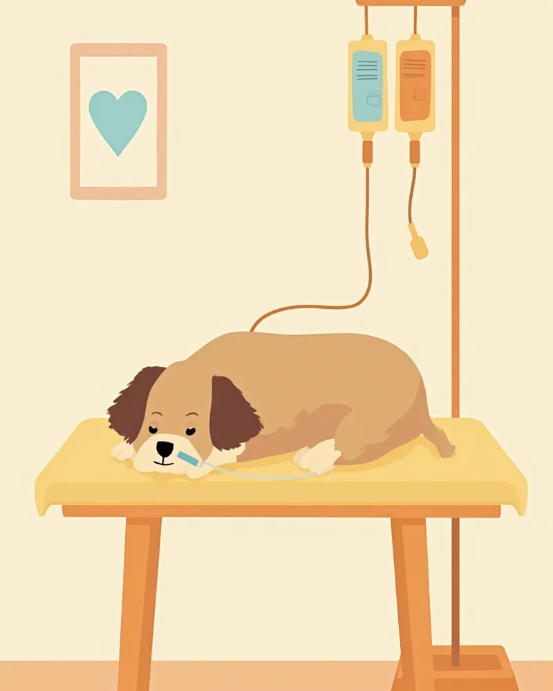 수의사가 잠든 강아지에게 정맥 카테터를 설치하는 모습