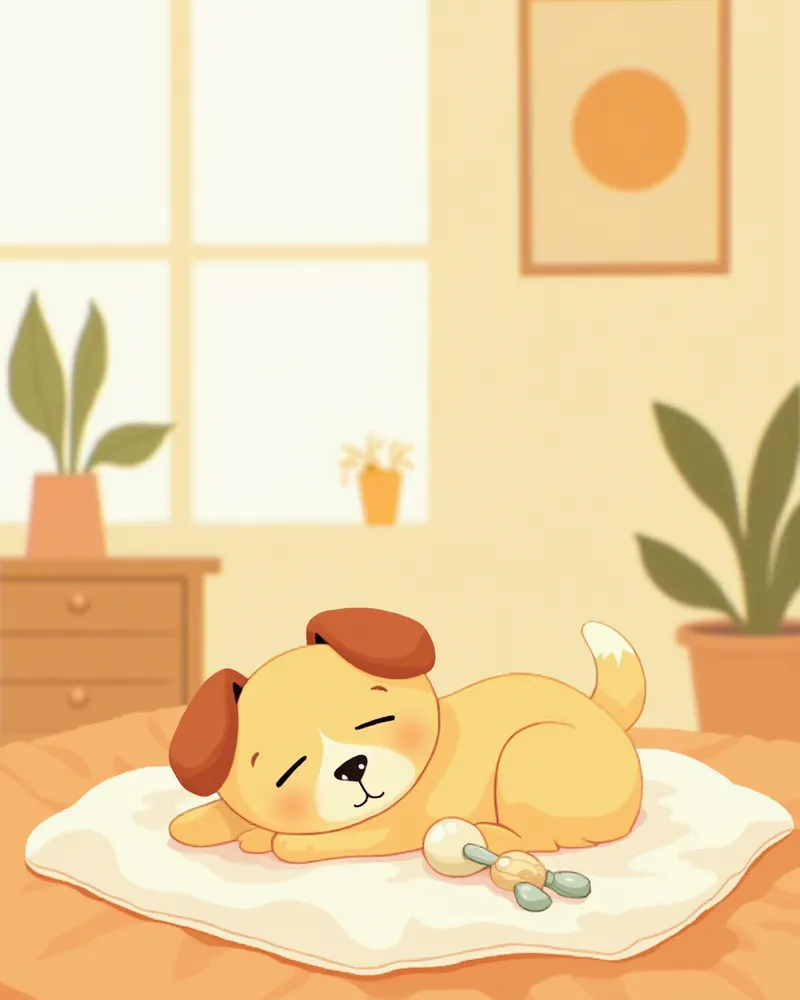 따뜻한 공간에서 좋아하는 장난감과 함께 편안히 쉬는 강아지