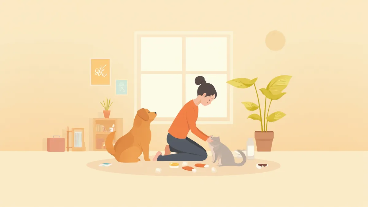 반려동물 옆에서 응급 키트를 준비하는 보호자