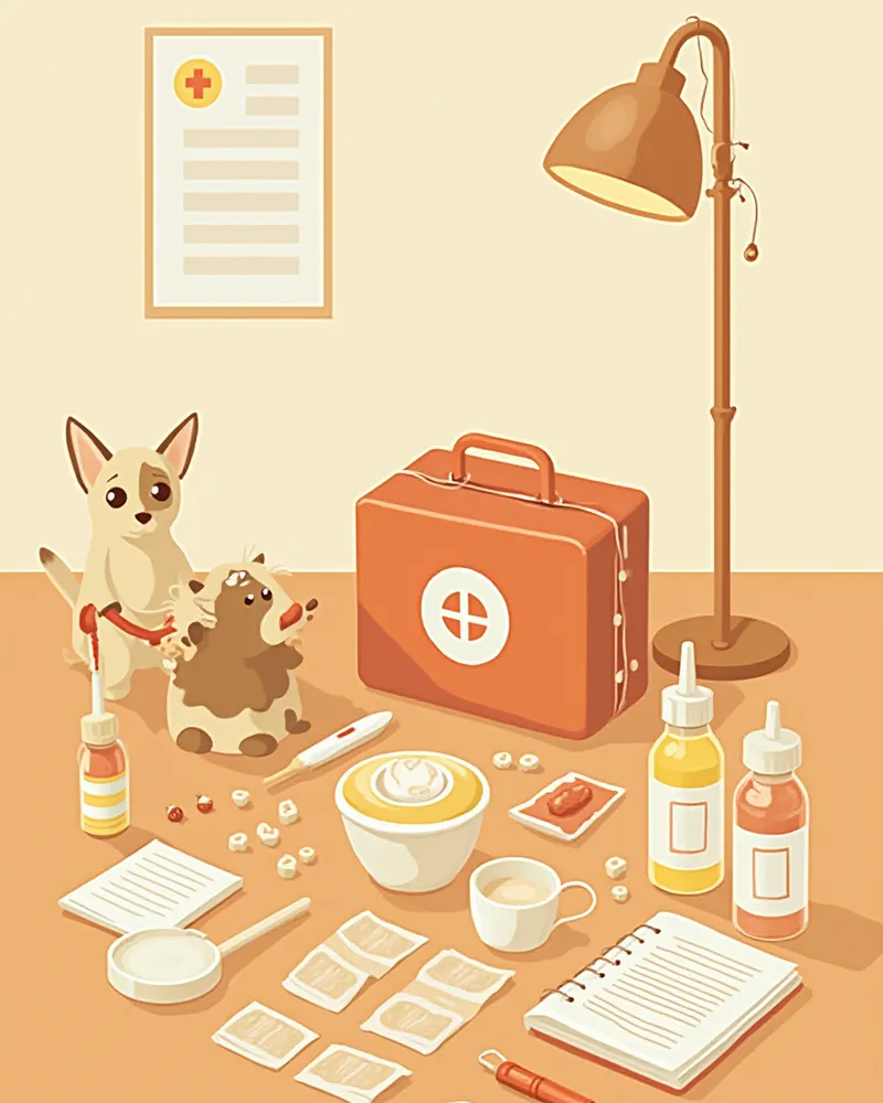 반려동물 가정용 응급 키트 구성품과 건강 기록 노트