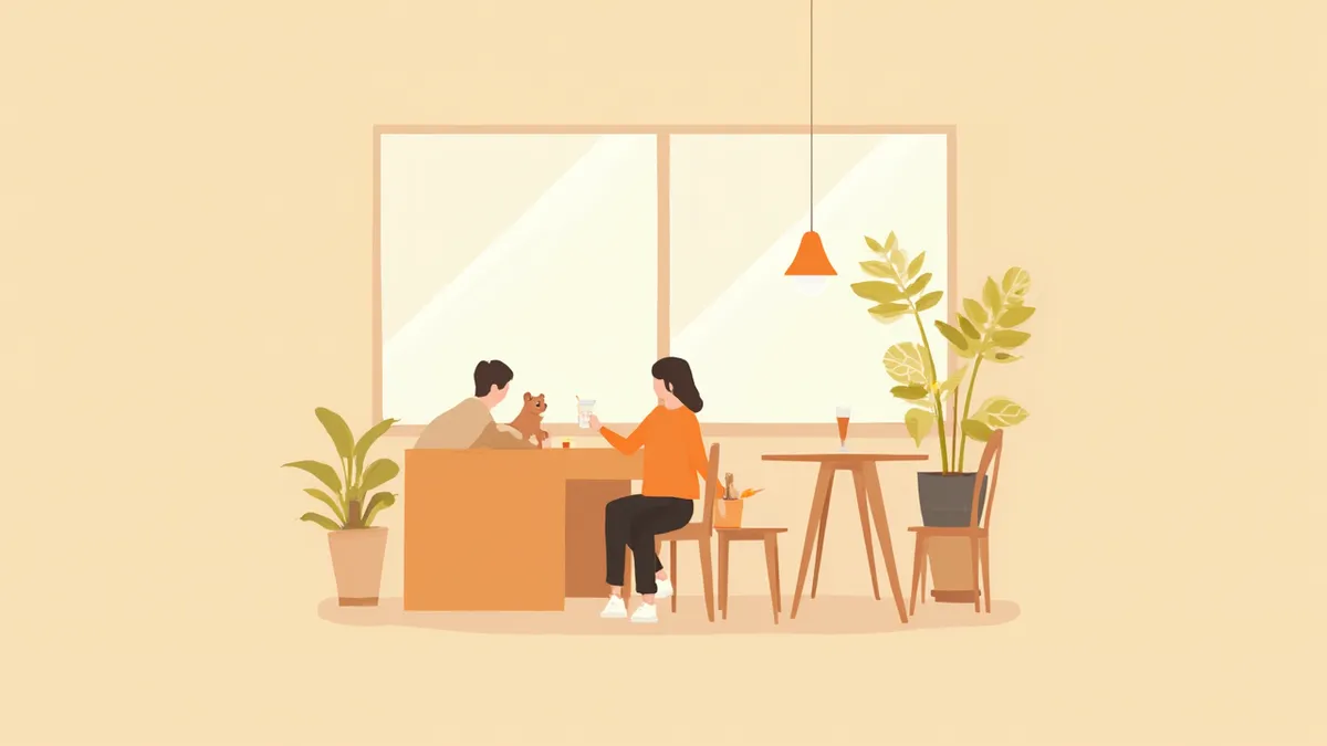 반려동물 동반 카페에서 보호자 옆에 앉아있는 강아지