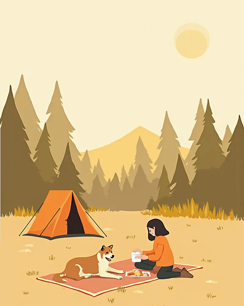 캠핑장 텐트 앞에 누워있는 강아지