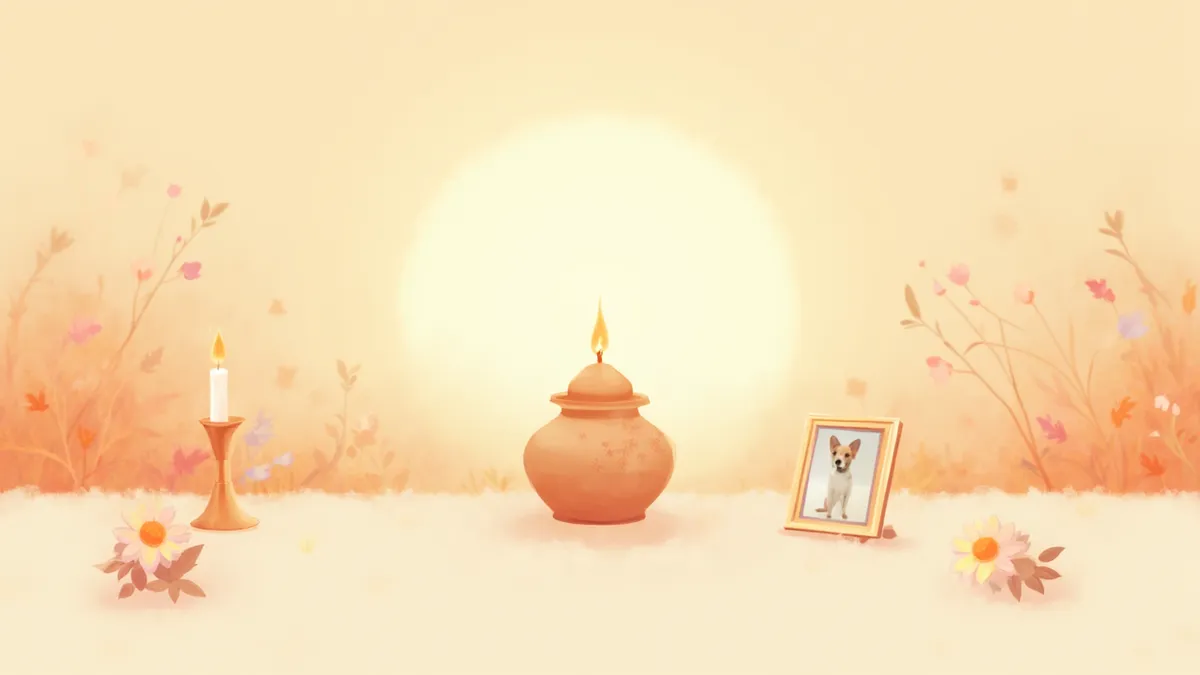 반려동물 추모 공간에 놓인 유골함과 촛불