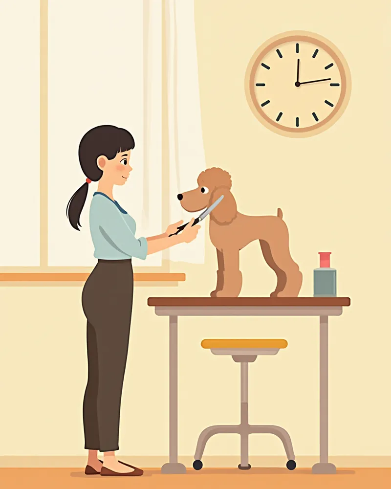 교육실에서 가위컷을 연습하는 미용 학습자