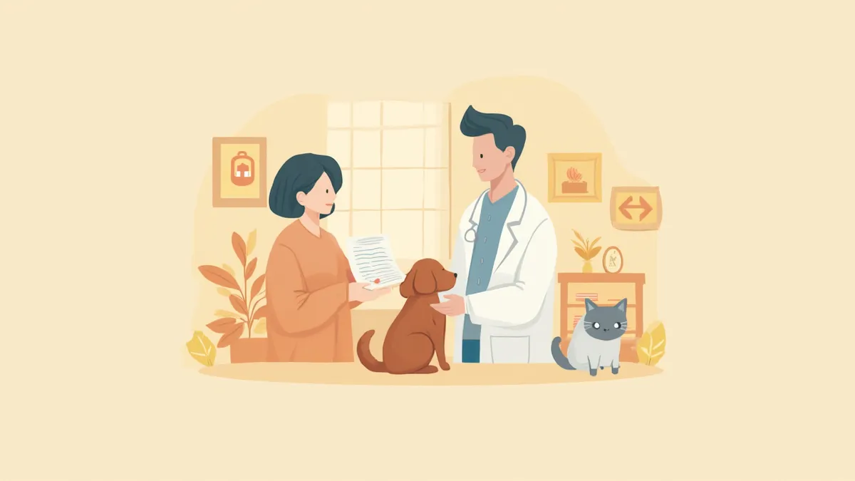 수의사가 보호자에게 펫 보험 청구 서류를 설명하는 장면
