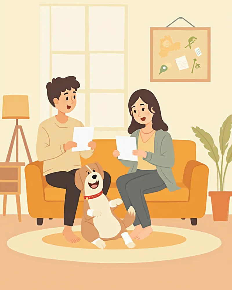 보험 승인 후 집에서 회복 중인 강아지와 안도하는 보호자
