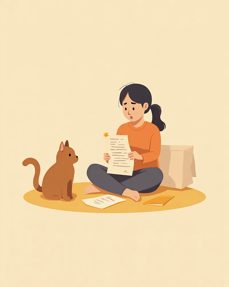 보험 청구가 거절된 서류를 확인하는 보호자와 고양이