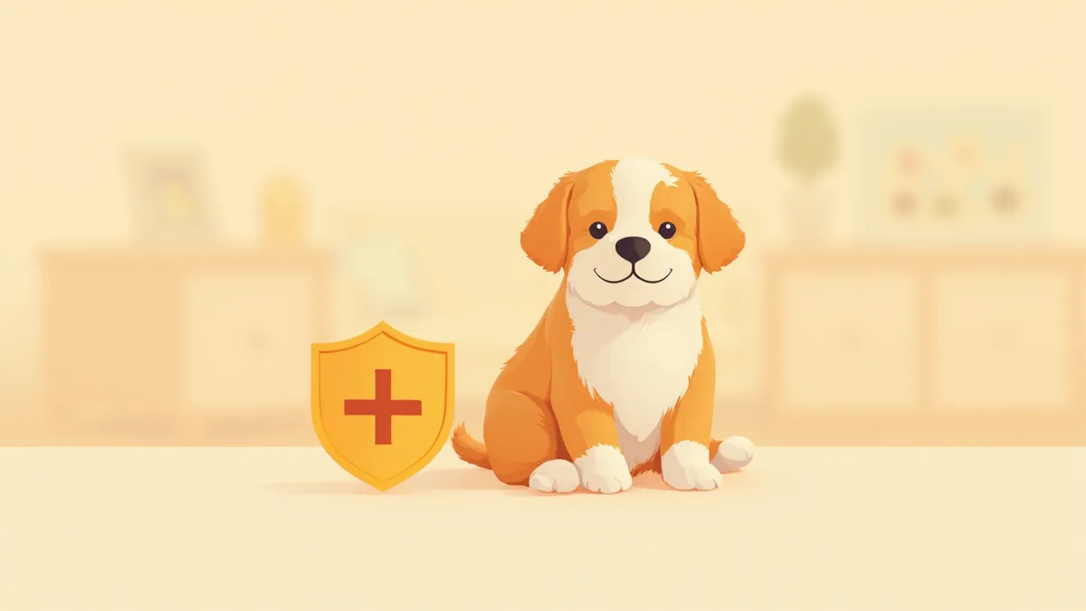 보호 방패 옆에 앉아 있는 반려견 일러스트