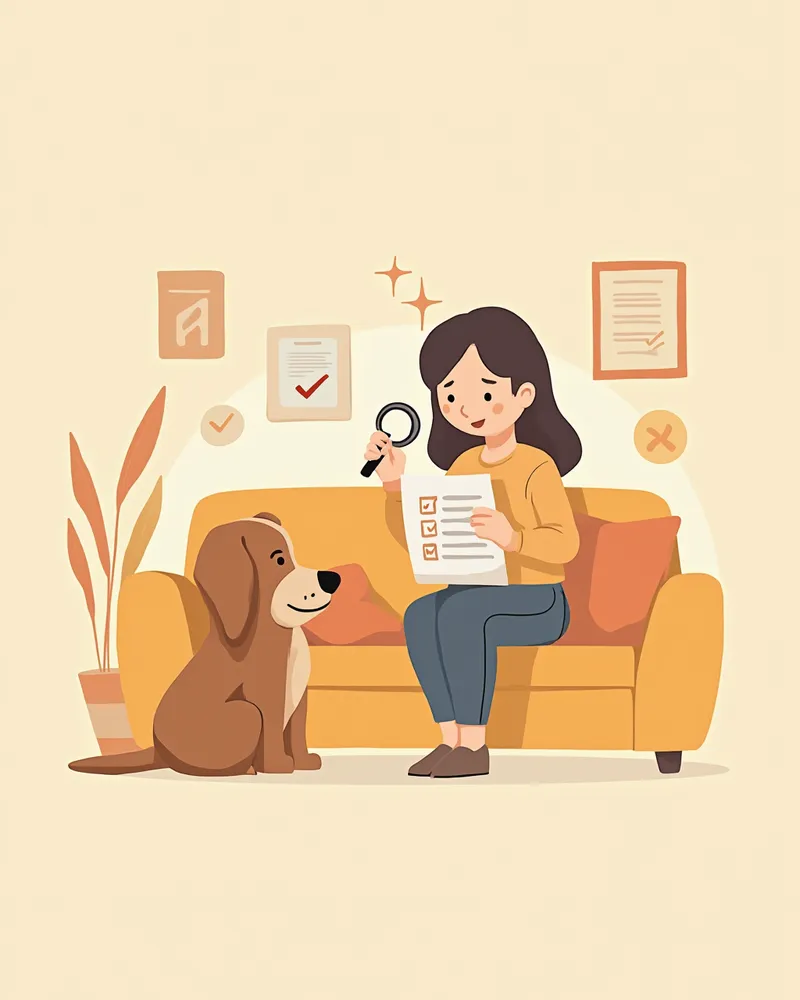 서류를 꼼꼼히 확인하는 보호자와 반려견 일러스트