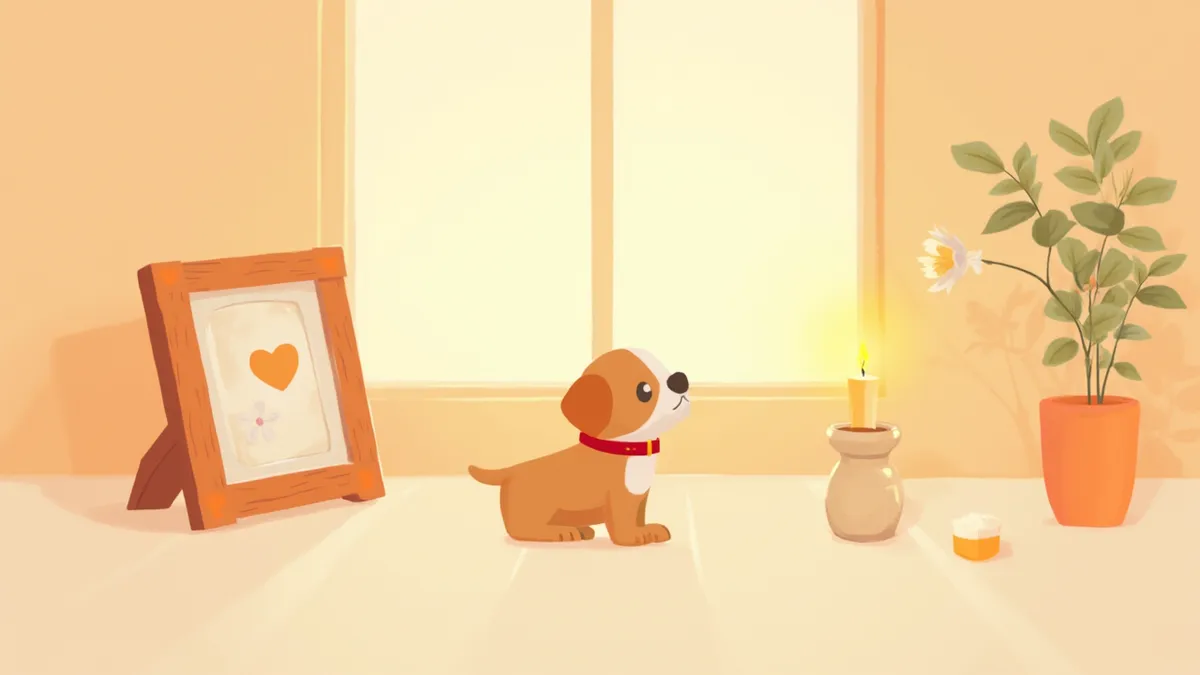 반려동물 추모 공간에 놓인 목줄과 사진, 흰 꽃