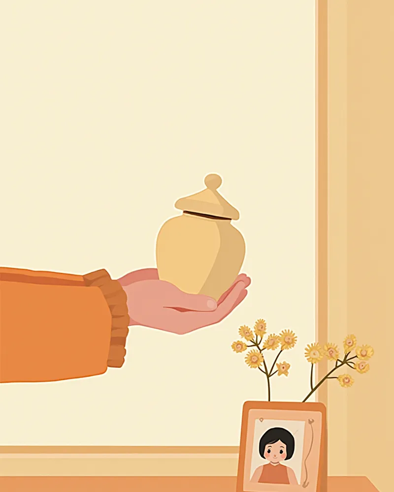 유골함과 사진을 정성스레 정리하는 보호자의 손