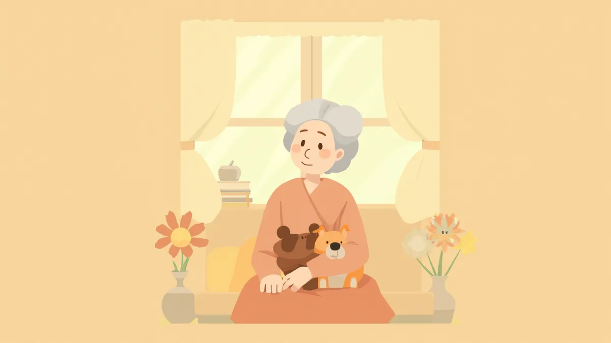 창가에서 반려견을 안고 있는 고령 보호자의 편안한 모습