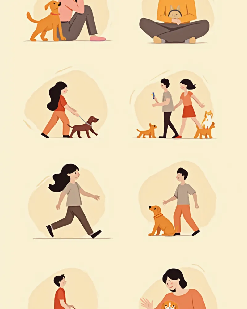 반려동물이 사람 정신 건강에 주는 7가지 효과를 표현한 일러스트