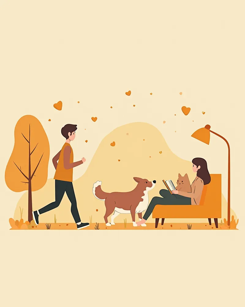 공원에서 강아지와 달리는 사람과 소파에서 고양이와 쉬는 사람의 비교 장면