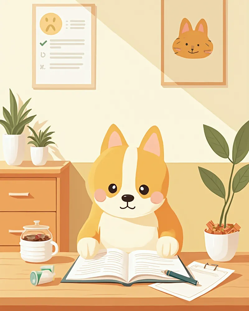 반려동물 영양학 교재와 필기시험지, 사료 샘플이 놓인 책상