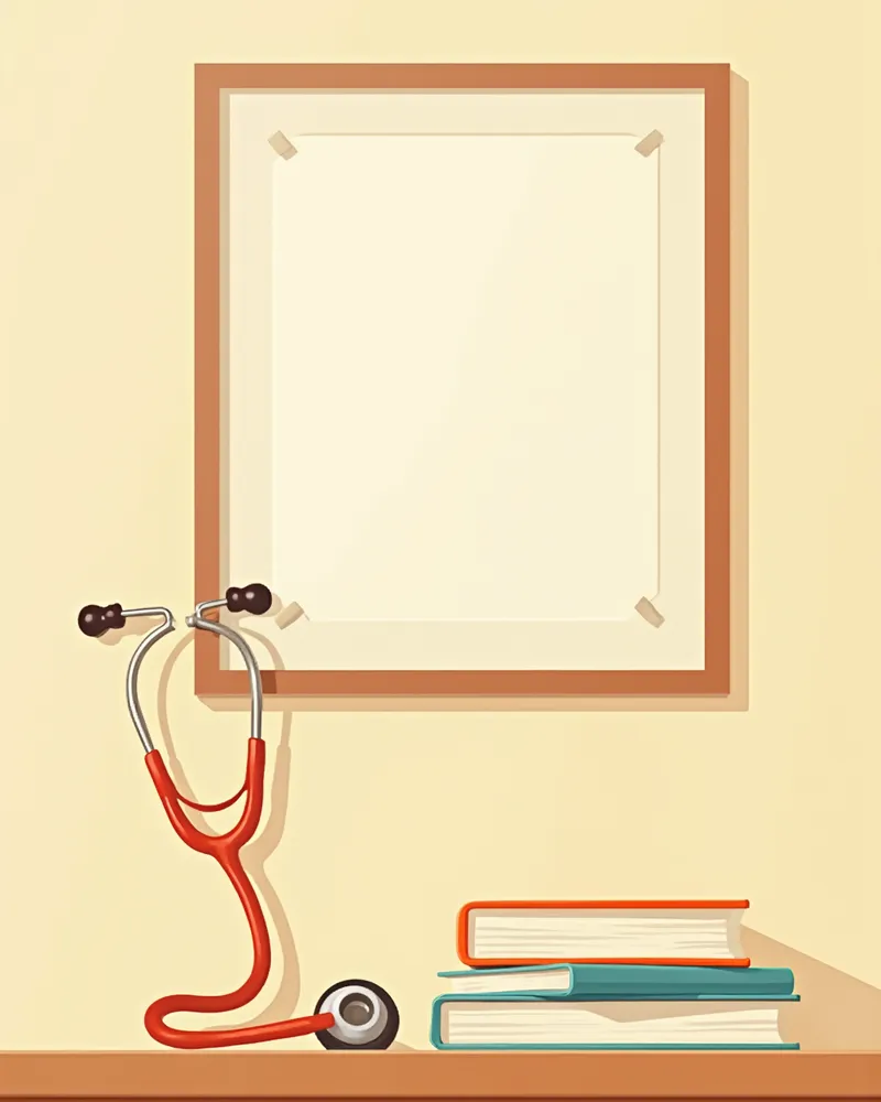 국제 수의영양 전문의 인증서와 청진기, 의학 서적