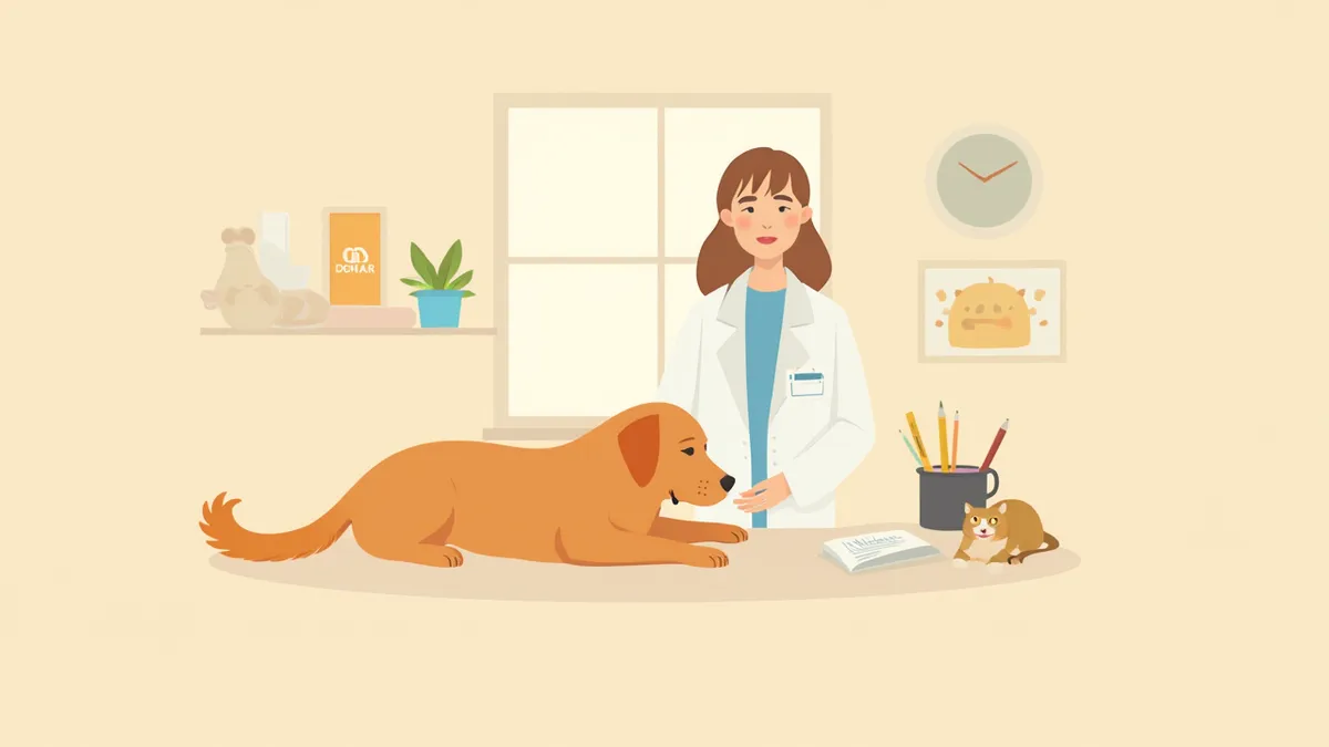 수의사에게 해외 이주 검역 서류를 상담받는 보호자와 반려동물