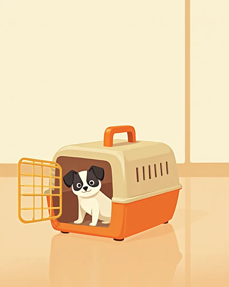 공항에 놓인 IATA 규격 반려동물 이동장과 안쪽을 바라보는 강아지