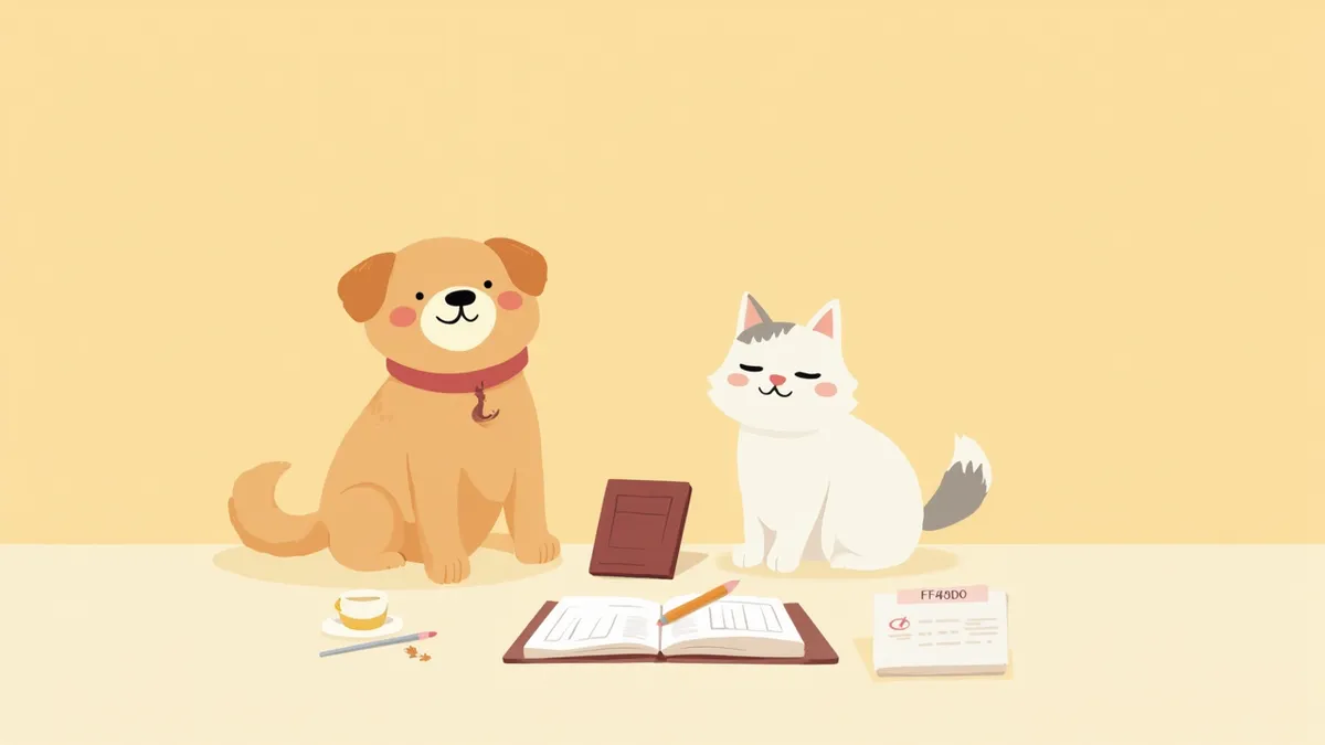 여권과 검역 서류 옆에 앉아있는 반려동물