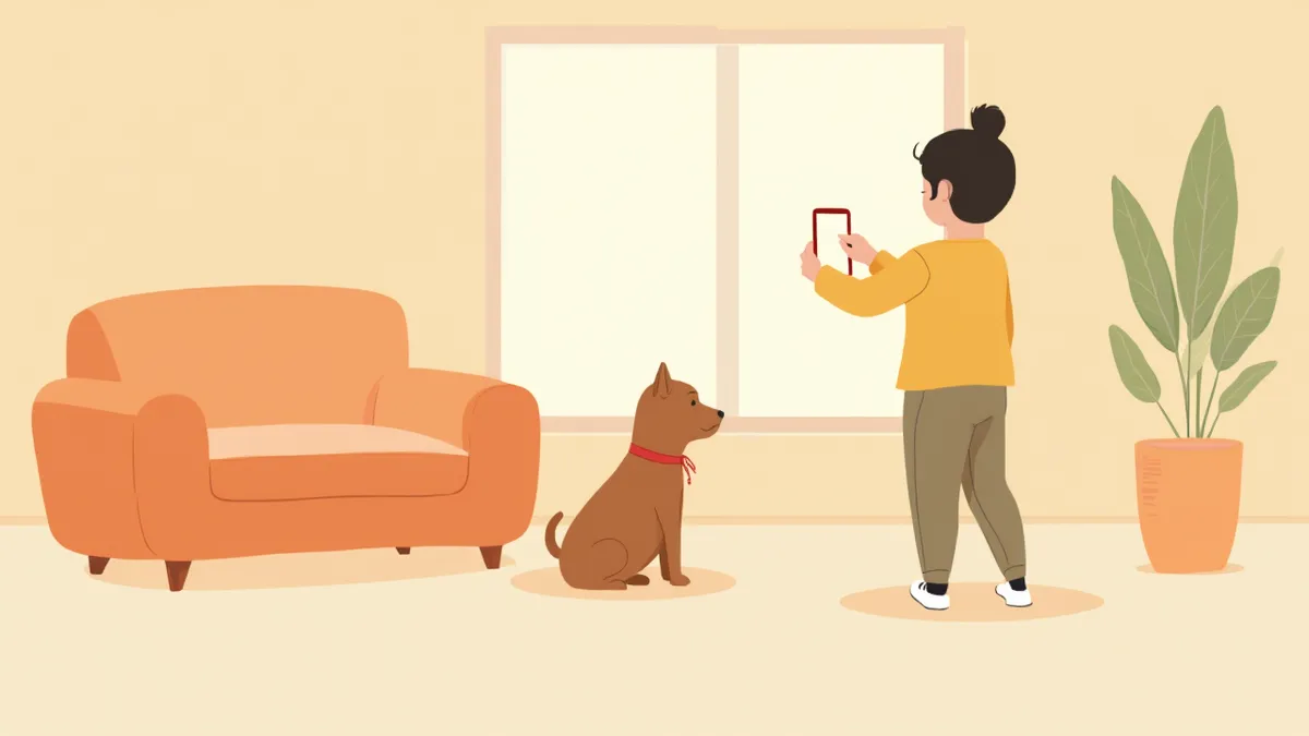 거실 바닥에 앉은 강아지를 스마트폰으로 찍는 보호자