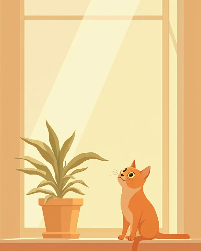 창가 자연광을 받으며 앉아있는 고양이의 눈에 반짝임이 들어간 모습