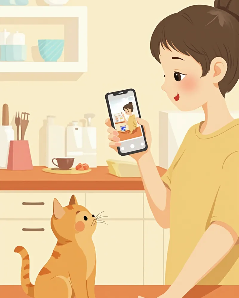 제품 라벨을 휴대폰으로 촬영하는 보호자의 손과 지켜보는 고양이