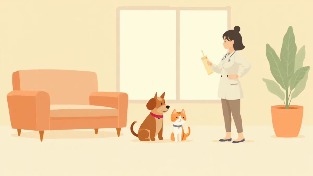 동물병원 대기실에 있는 강아지와 고양이