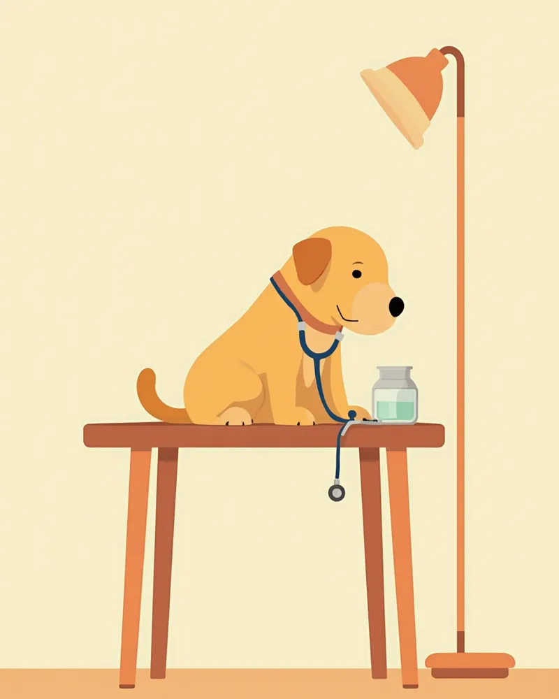 수의사가 진찰대 위 강아지를 진료하는 모습