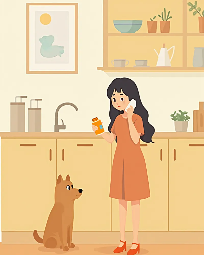 약 포장지를 확인하며 동물병원에 전화하는 보호자