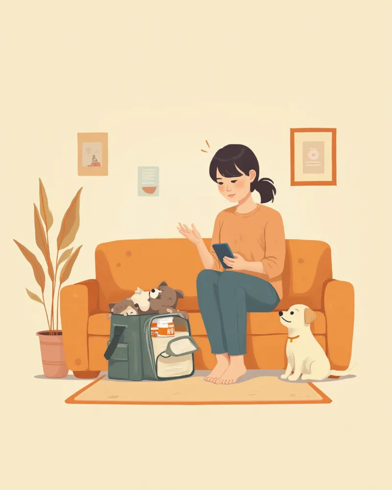 동물병원 방문을 준비하며 물품을 챙기는 보호자