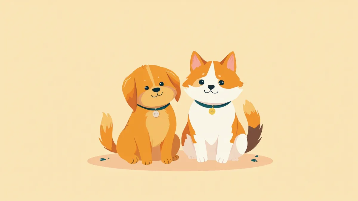 인식표를 착용한 강아지와 고양이가 나란히 앉아 있는 모습