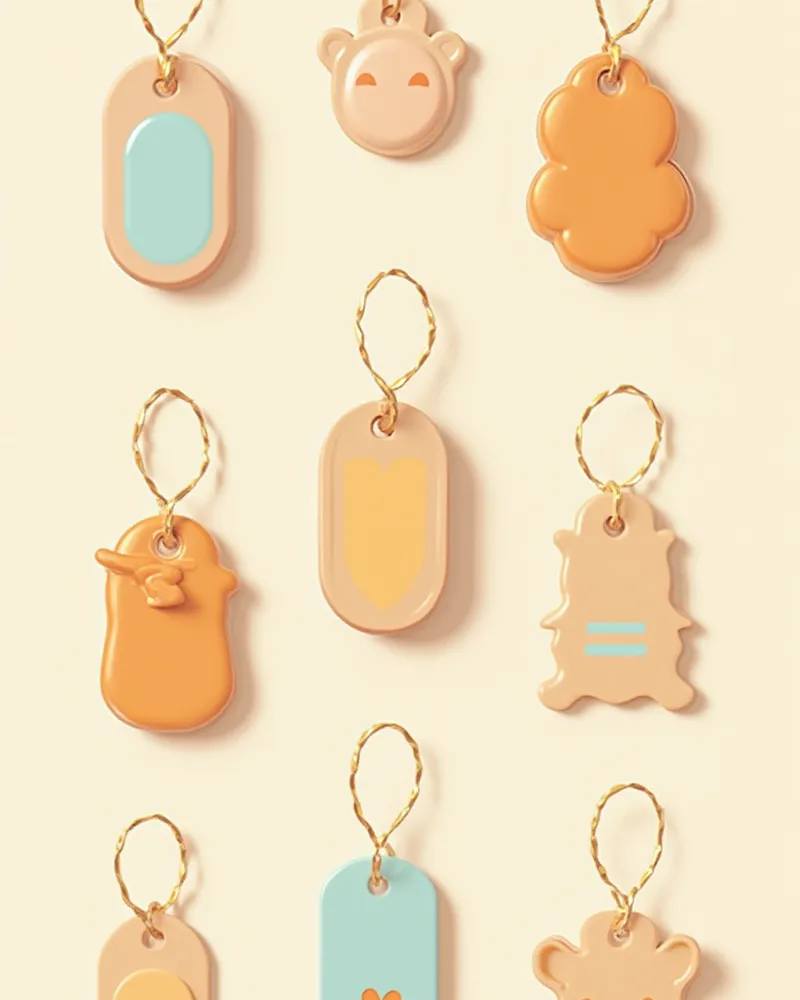 다양한 종류의 강아지 인식표가 정렬된 모습