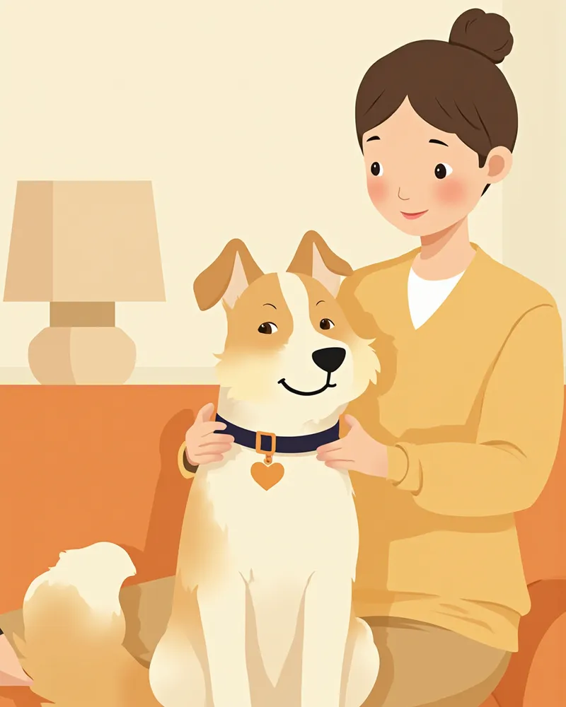 보호자가 강아지 목걸이와 인식표를 확인하는 모습