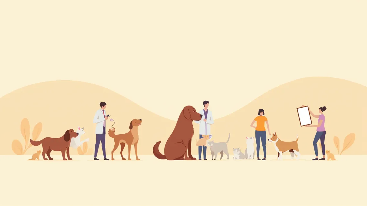 반려동물 관련 직업군이 함께 일하는 모습 일러스트