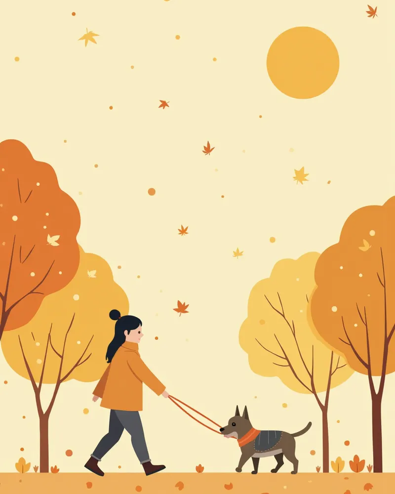 가을 오전 공원에서 산책하는 강아지와 보호자