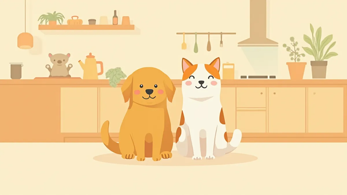 밝은 주방에 함께 앉아 있는 강아지와 고양이