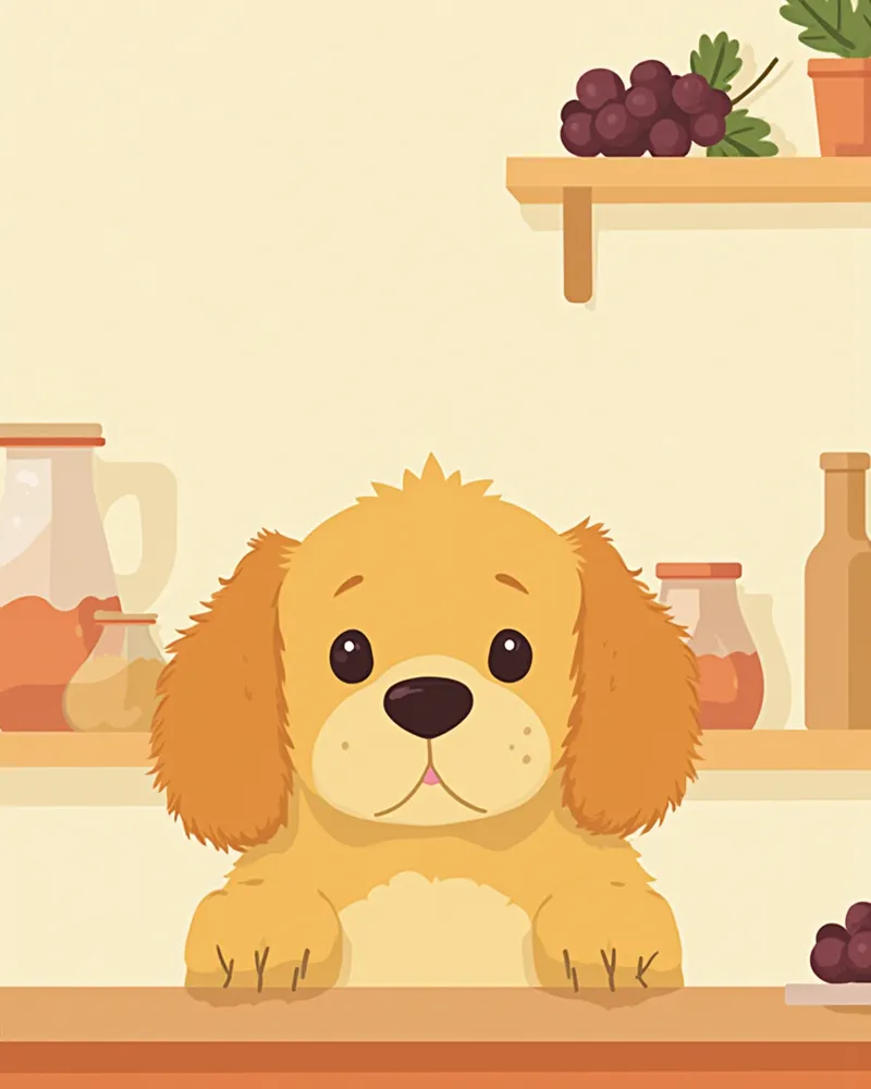 주방 위 포도와 초콜릿을 바라보는 강아지