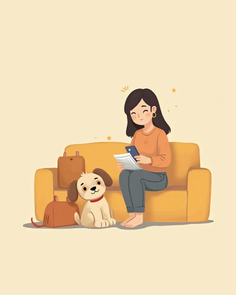 강아지 옆에서 메모를 하고 있는 보호자