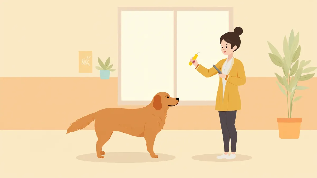 밝은 훈련실에서 골든리트리버와 함께 긍정 강화 훈련을 시연하는 훈련사