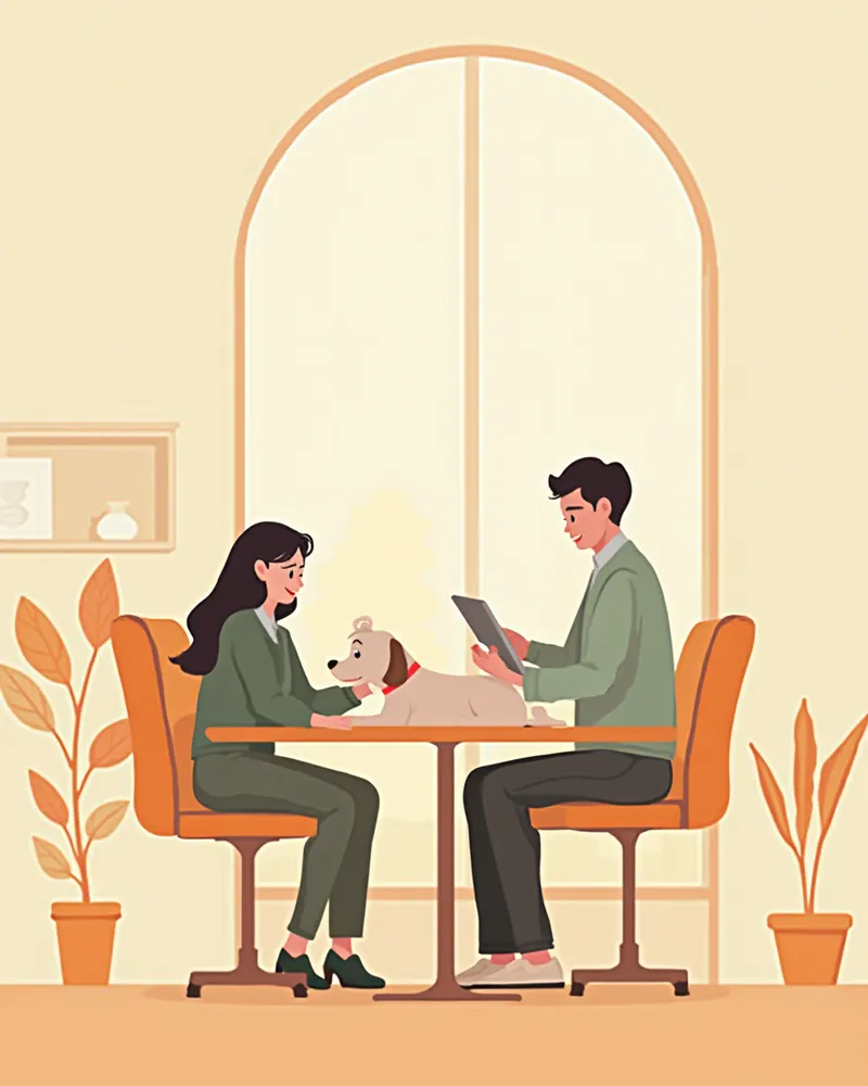 훈련사와 보호자가 태블릿으로 훈련 계획을 함께 살펴보는 모습