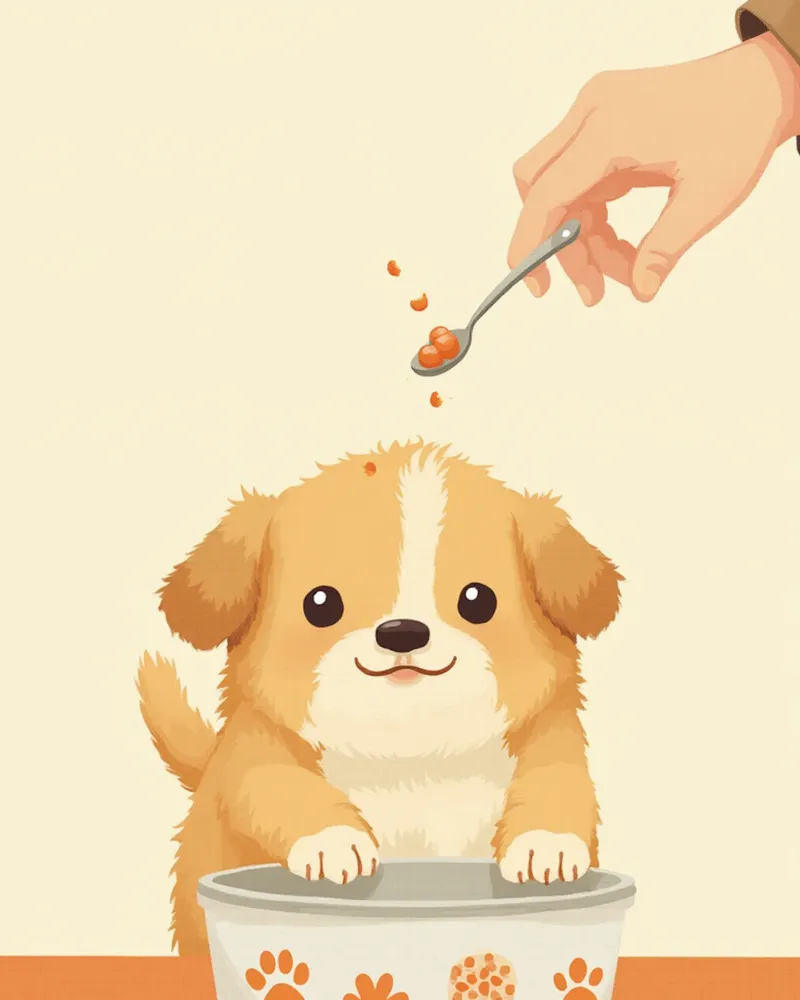 식사와 함께 영양제를 급여받는 강아지